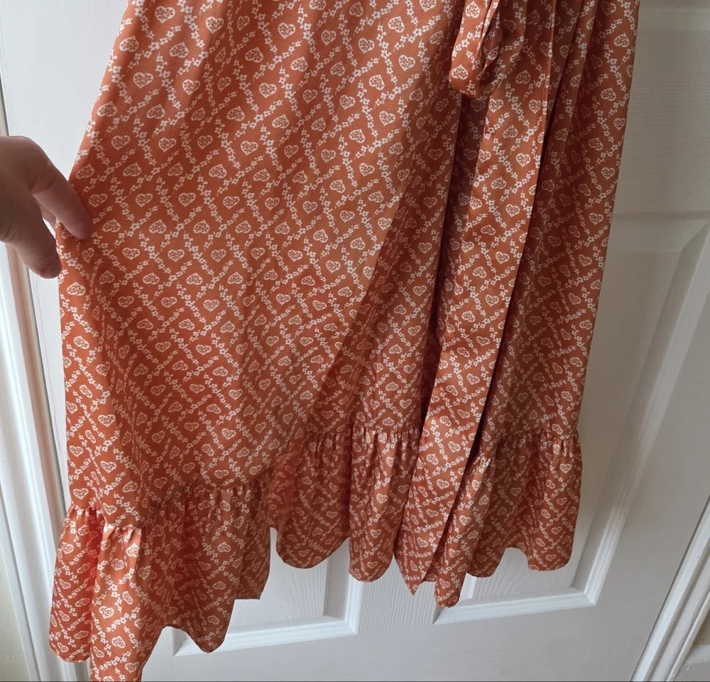 SANDRO Enrika Puff Sleeve Wrap Dress S Heart Print Orange $415 Romantic Luxury - Picture 10 of 12